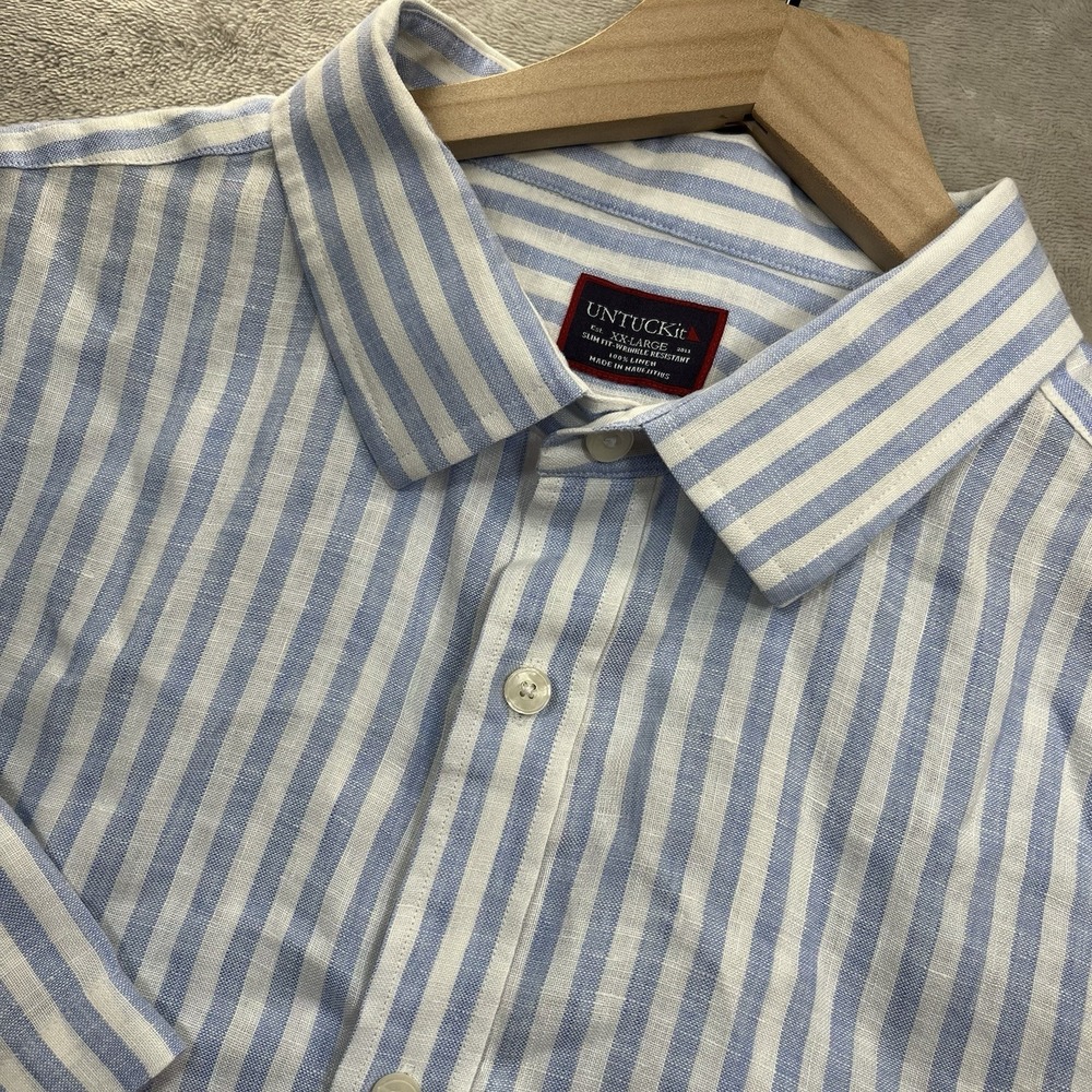 UNTUCKit Shirt Mens XXL Blue Striped Linen‎ Short Sleeve WR Slim Fit Button Down